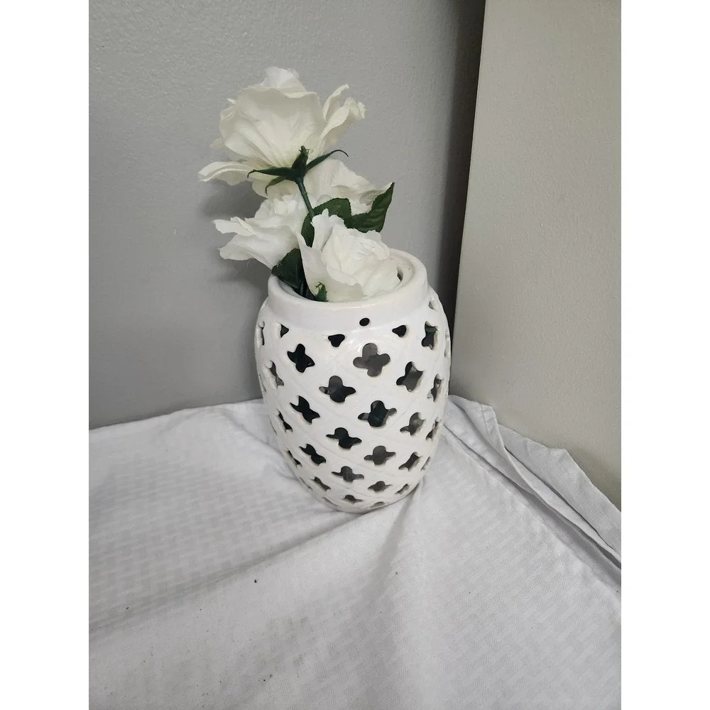 White Ceramic Lattice Cut Out Vase with Artificial Roses Floral Arrangement